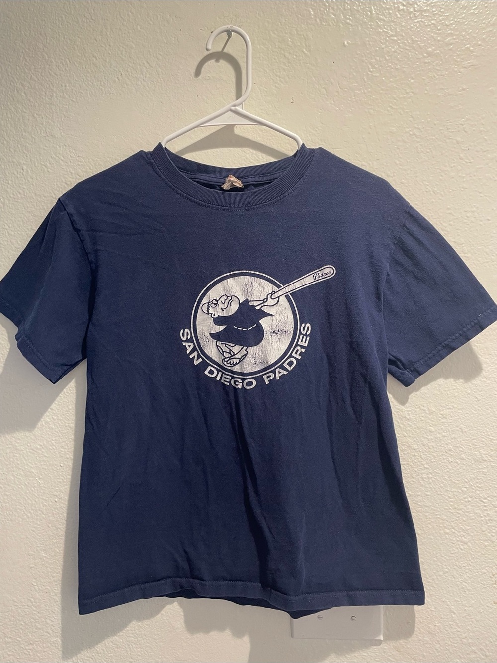Vintage San Diego Padres Jerzees Shirt Small Swinging Friar MLB Navy Blue Tee